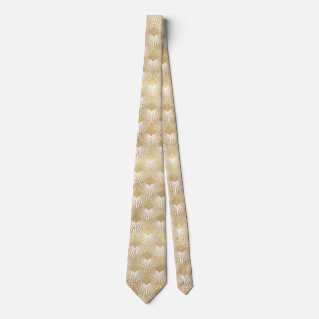 White & Gold Art-deco Geometric Pattern Tie (Front)
