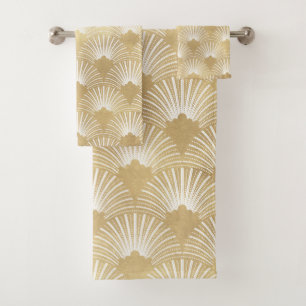 White & gold art deco pattern bath towel set