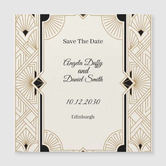 White Gold Art Deco Save The Date Magnet (Front)