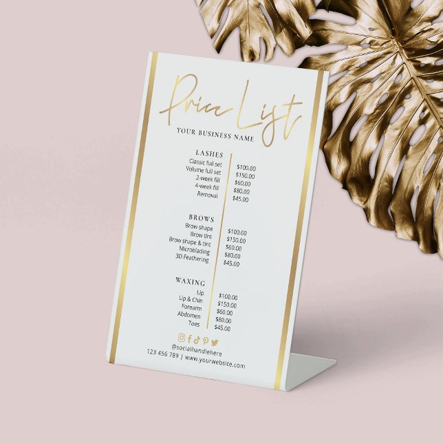 White & Gold Beauty Salon Glam Modern Price List Pedestal Sign (Make a glam price list for your business with this faux gold business menu sign design)
