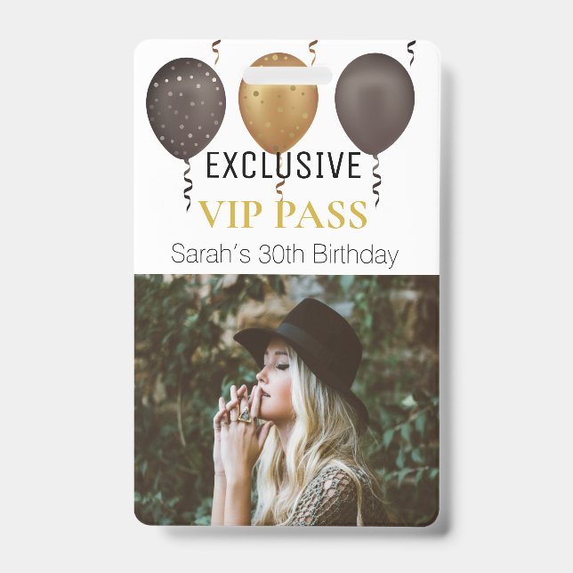 White Gold Birthday Party Photo Custom Pass VIP ID Badge (Front)