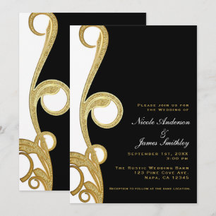 White Gold Black Chic Elegant Swirl Wedding Invitation