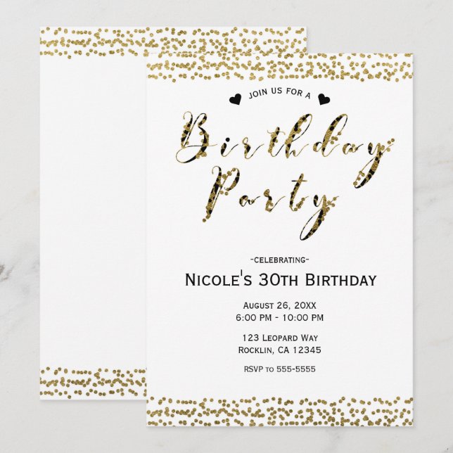 White Gold & Black Chic Modern Glam Birthday Party Invitation (Front/Back)