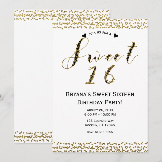 White Gold & Black Chic Sweet 16 Birthday Party Invitation (Front/Back)