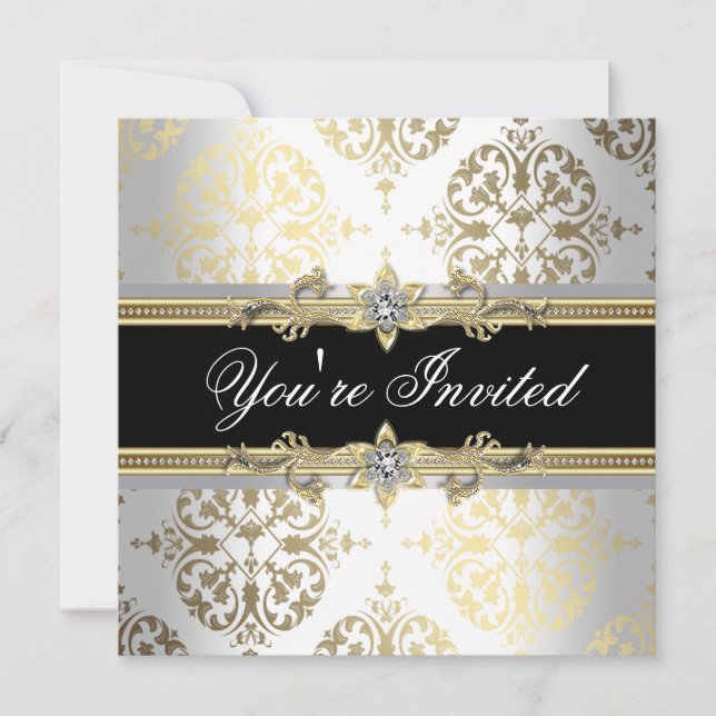 White Gold Black Damask Party Invitations (Front)