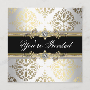 White Gold Black Damask Party Invitations