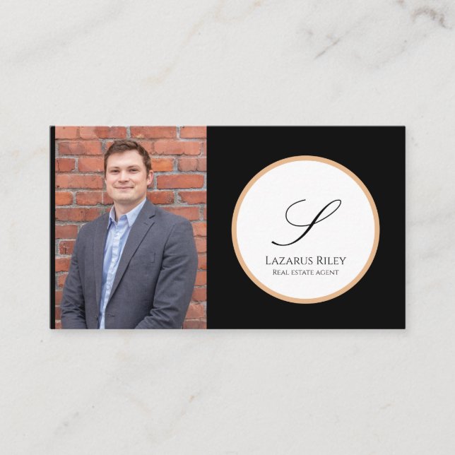 White, Gold & Black Personalised Photo & Name  Business Card (Front)