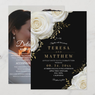 White Gold Black Roses⎮ Flowers All in One Wedding Invitation