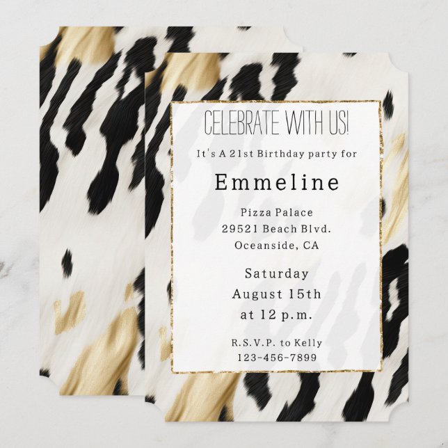 White Gold Black Southwest Cowhide Invitation (Front/Back)