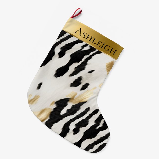 White Gold Black Southwest Cowhide Name Large Christmas Stocking (Front (Hanging))