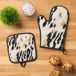 White Gold Black Southwest Cowhide Oven Mitt & Pot Holder Set