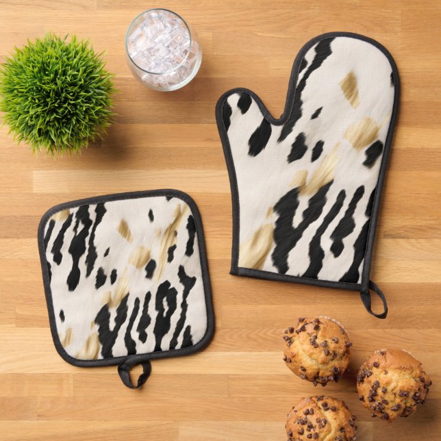 White Gold Black Southwest Cowhide Oven Mitt & Pot Holder Set (Top Down)