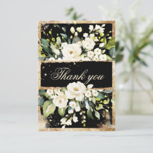 White Gold Botanical Floral Black Rustic Thank You Card