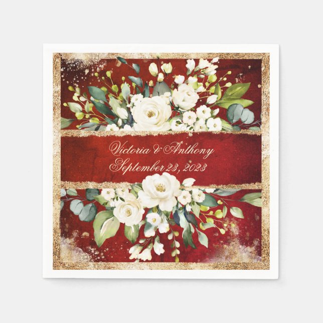 White Gold Botanical Floral Red Rustic Wedding  Napkin (Front)