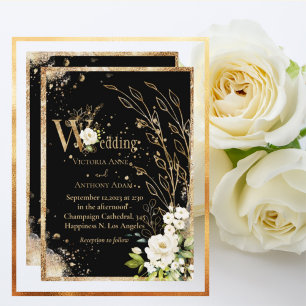 White Gold Botanical Floral Rustic Black Wedding  Invitation