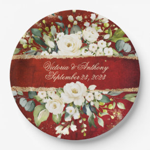 White Gold Botanical Floral Rustic Red Wedding  Paper Plate