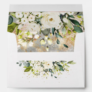 White Gold Botanical Floral Sage Green Wedding Envelope