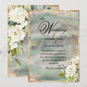 White Gold Botanical Floral Sage Green Wedding Invitation