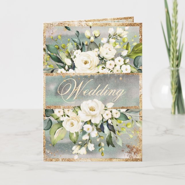 White Gold Botanical Floral Sage Green Wedding  Invitation (Front)
