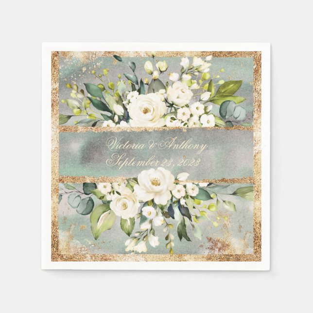 White Gold Botanical Floral Sage Green Wedding Napkin (Front)