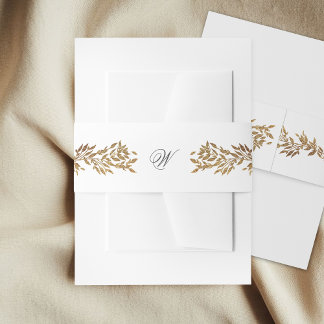 white & gold botanical frame monogram wedding invitation belly band