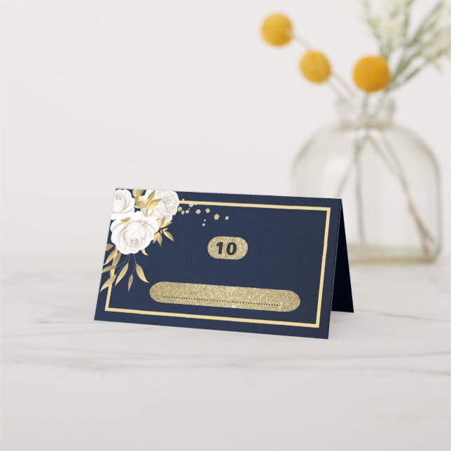 white gold botanical geometric navy blue place card (Front)