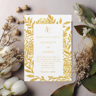 White gold botanical monogram luxury wedding invitation