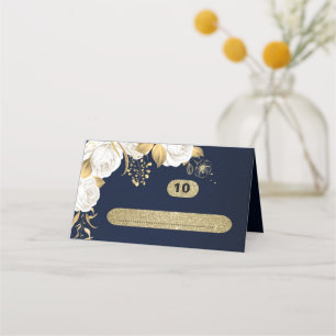 white gold botanical navy blue place card