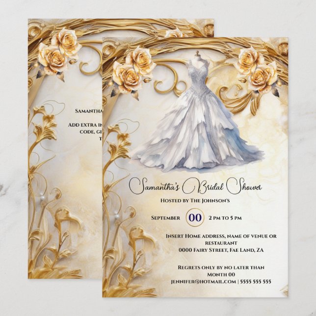 White gold bridal gown roses luxurious flowers invitation (Front/Back)