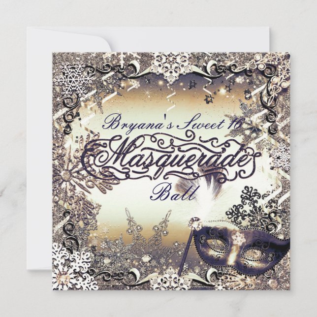 White Gold & Bronze Masquerade Winter Snowflakes Invitation (Front)