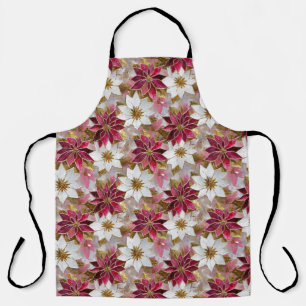 White Gold Burgundy Pink Christmas Poinsettias Apron