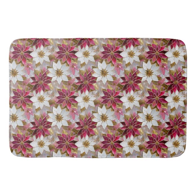 White Gold Burgundy Pink Christmas Poinsettias Bath Mat (Front)