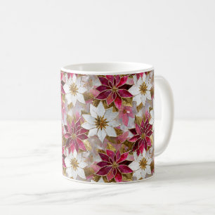 White Gold Burgundy Pink Christmas Poinsettias Coffee Mug