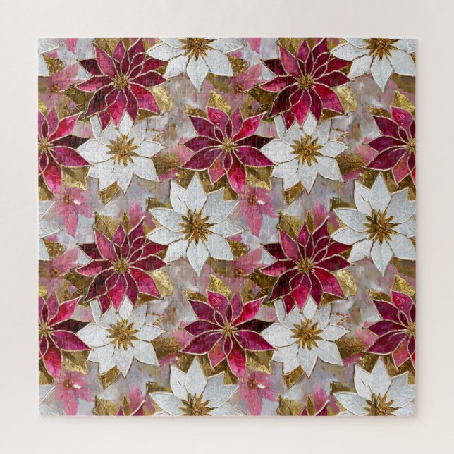 White Gold Burgundy Pink Christmas Poinsettias Jigsaw Puzzle (Vertical)