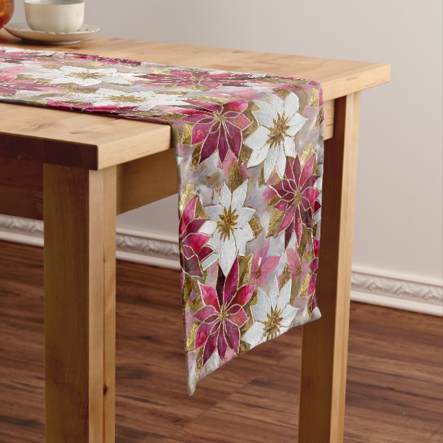 White Gold Burgundy Pink Christmas Poinsettias Medium Table Runner (In Situ)