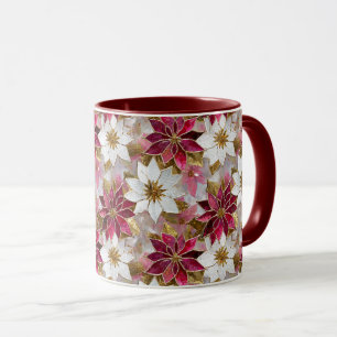 White Gold Burgundy Pink Christmas Poinsettias Mug
