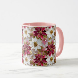 White Gold Burgundy Pink Christmas Poinsettias Mug