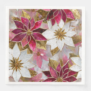 White Gold Burgundy Pink Christmas Poinsettias Napkin