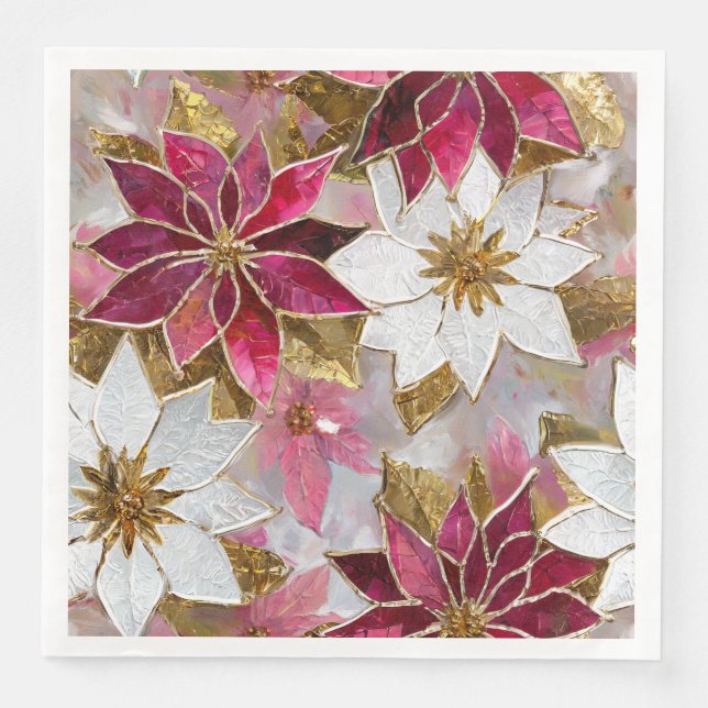 White Gold Burgundy Pink Christmas Poinsettias Napkin (Front)