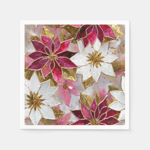 White Gold Burgundy Pink Christmas Poinsettias Napkin