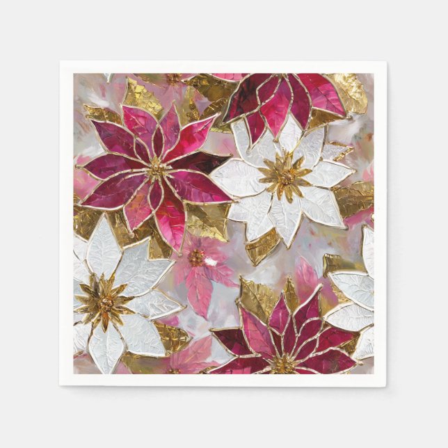 White Gold Burgundy Pink Christmas Poinsettias Napkin (Front)