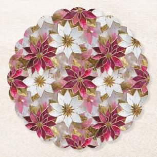 White Gold Burgundy Pink Christmas Poinsettias Paper Coaster