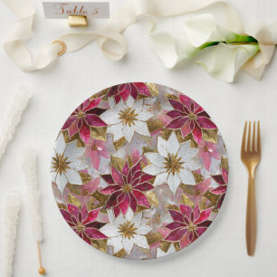 White Gold Burgundy Pink Christmas Poinsettias Paper Plate