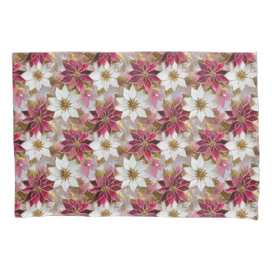 White Gold Burgundy Pink Christmas Poinsettias Pillowcase