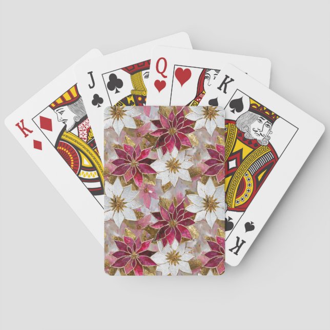 White Gold Burgundy Pink Christmas Poinsettias Playing Cards (Back)