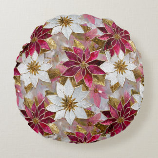White Gold Burgundy Pink Christmas Poinsettias Round Cushion