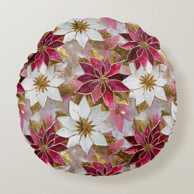 White Gold Burgundy Pink Christmas Poinsettias Round Cushion (Front)