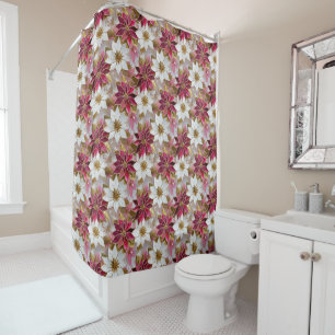 White Gold Burgundy Pink Christmas Poinsettias Shower Curtain