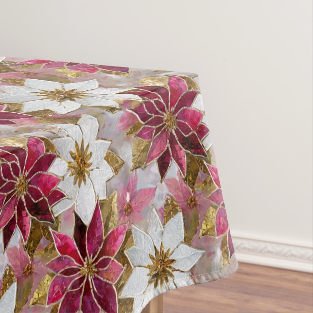 White Gold Burgundy Pink Christmas Poinsettias Tablecloth (In Situ)
