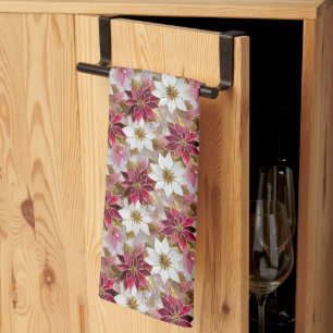 White Gold Burgundy Pink Christmas Poinsettias Tea Towel